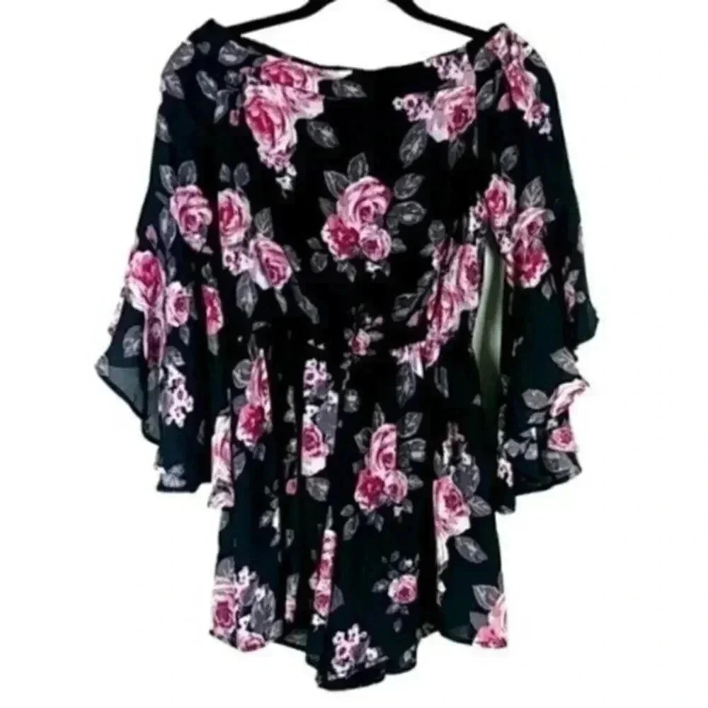 Sultry Floral Romper Dark Romance Flowy Festival Whimsical Off Shoulder